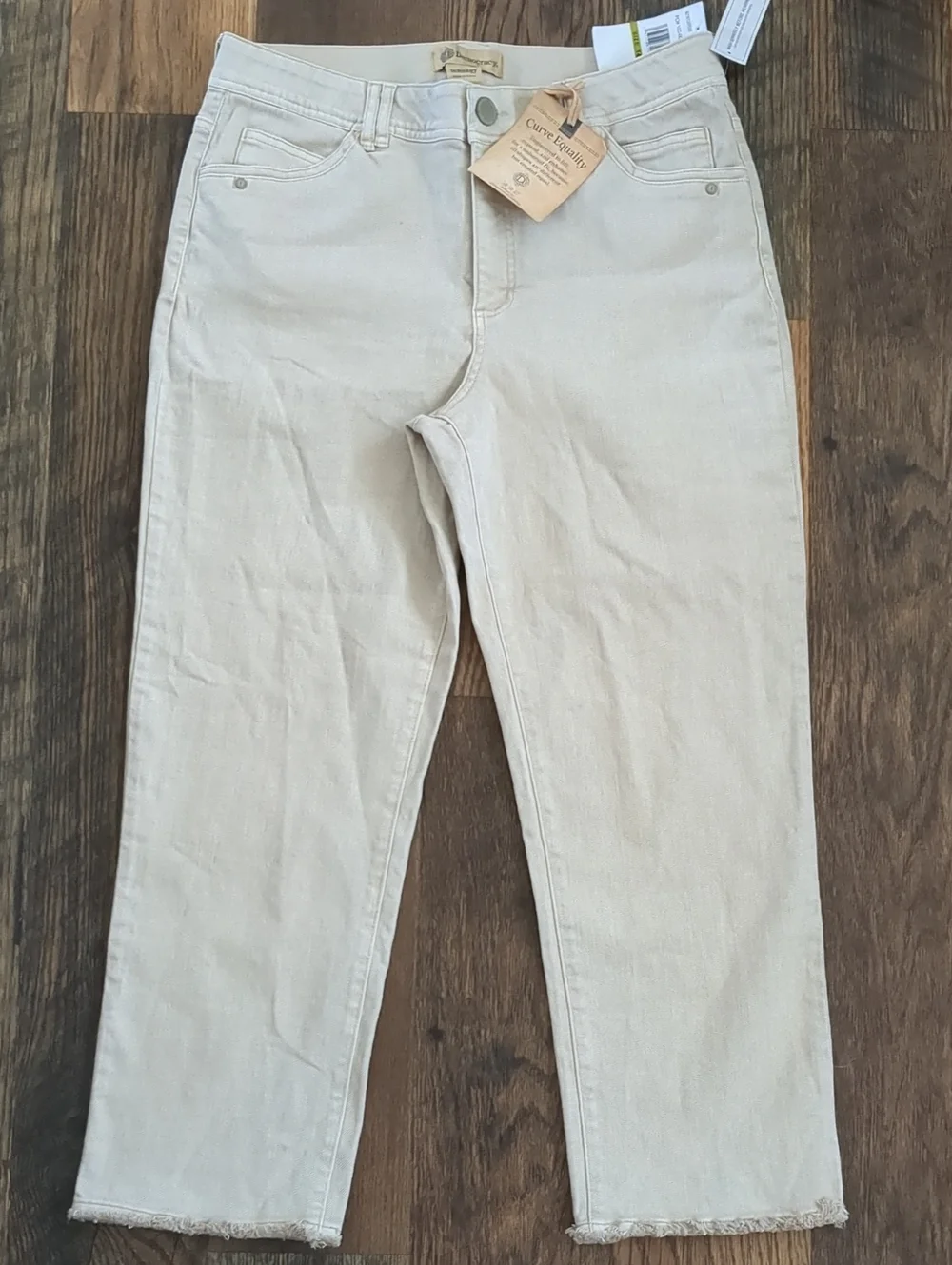 Democracy Cream Khaki Tan Women's High Rise Slim Straight Frayed Jeans, 14, NEW